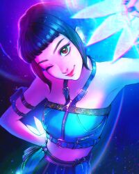  1girl arm_pouch bare_shoulders black_hair blue_shirt blunt_bangs breasts brown_eyes crop_top double_bun eyeshadow freckles hair_bun halterneck hand_on_own_hip highres holding holding_weapon kpop_demon_hunters kuroiitulip looking_at_viewer makeup mascara medium_breasts midriff one_eye_closed pink_lips shirt short_bangs sidelocks signature smile solo upper_body weapon zoey_(kpop_demon_hunters) 