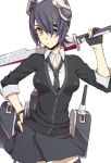 1girl eyepatch fingerless_gloves gloves headgear kantai_collection looking_at_viewer machinery necktie personification potato_(oriha94) purple_hair scabbard sheath short_hair solo sword tenryuu_(kantai_collection) thighhighs turret weapon yellow_eyes 