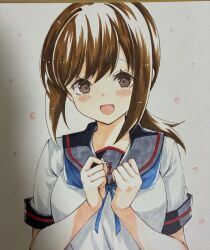  1girl :d anchor_symbol black_sailor_collar blue_neckerchief blush brown_eyes brown_hair commentary_request fubuki_(kancolle) fubuki_kai_ni_(kancolle) hair_between_eyes highres kantai_collection long_hair looking_at_viewer low_ponytail marker_(medium) mashiro_yukiya neckerchief open_mouth photo_(medium) ponytail sailor_collar shirt short_sleeves sidelocks smile solo traditional_media upper_body white_background white_shirt 