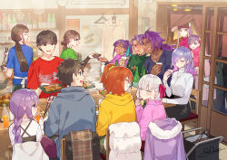  4boys 6+girls aged_down ahoge ayus_(fate) bhima_(fate) blush braid braided_ponytail breasts brown_hair cerejeira_elron closed_eyes duryodhana_(fate) eating fate/grand_order fate_(series) food fujimaru_ritsuka_(female) fujimaru_ritsuka_(male) hair_over_one_eye hair_ribbon hibi_yuriko highres jacket kama_(fate) kama_(young)_(fate) long_hair long_sleeves matou_sakura medium_breasts medusa_(fate) medusa_(saber)_(fate) mori_haruka_(announcer) multiple_boys multiple_girls one_side_up open_mouth orange_hair purple_hair real_life redrop ribbon sakura_(paper_moon) scarf short_hair shouya_chiba sidelocks sion_eltnam_(type-moon) sion_eltnam_sokaris sion_eltnam_sokaris_(paper_moon) smile sweater thighs violet_eyes white_hair 