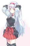  1girl arms_up blush hairband highres hiten_goane_ryu japanese_clothes kantai_collection long_hair looking_at_viewer muneate personification shoukaku_(kantai_collection) silver_hair skirt smile solo thighhighs zettai_ryouiki 