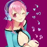  1girl anco_(melon85) blush bow breasts bust cleavage cleavage_cutout eyelashes hair_between_eyes headphones heart large_breasts long_hair looking_at_viewer musical_note nitroplus open_mouth pink_eyes pink_hair simple_background solo super_sonico wink 