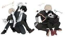  4boys angry arm_around_neck arm_up arms_up bakugou_katsuki belt belt_buckle black_pants black_shoes black_suit blank_eyes blonde_hair blush boku_no_hero_academia brown_belt buckle buttons clenched_teeth closed_mouth collared_jacket commentary_request dress_shoes explosion fingernails freckles gakuran gloves green_belt green_hair grin hand_on_another's_arm hand_on_own_knee highres im_zapduk jacket korean_commentary looking_to_the_side male_focus midoriya_izuku multicolored_gloves multiple_boys one_eye_closed open_clothes open_jacket open_mouth pants red_shoes scar scar_on_cheek scar_on_face school_uniform shirt_partially_tucked_in shoelaces shoes short_hair sideways_glance sitting smile spiky_hair suit superhero_costume teeth time_paradox white_background wide-eyed 