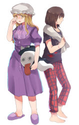  2girls after_bathing barefoot black_shirt blonde_hair brown_hair checkered_clothes checkered_pants full_body hat highres lying maribel_hearn medium_hair mob_cap multiple_girls nightcap nightgown on_side pajama_pants pajamas pants purple_nightgown purple_slippers red_pants rubbing_eyes shirt short_hair short_sleeves shukinuko sleepwear slippers stuffed_ghost stuffed_toy t-shirt touhou towel usami_renko usami_sumireko usami_sumireko_(ghost) yellow_eyes 