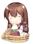  1girl :t =_= akagi_(kantai_collection) blush_stickers brown_hair eating kantai_collection long_hair lowres muneate quiver rei_(rei&#039;s_room) rice rice_bowl seiza sitting smile solo 