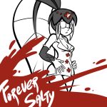  1girl blood breasts cleavage commentary cosplay dress eyepatch hair_ornament head_fins highres josue_pereira minette_(skullgirls) monochrome red_cross scales short_dress skullgirls slender_waist small_breasts solo spot_color valentine_(skullgirls) valentine_(skullgirls)_(cosplay) 