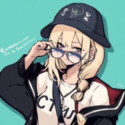 1girl absurdres black_hat black_jacket blonde_hair blue_background blue_eyes commentary commission ear_piercing english_commentary hat highres jacket jewelry long_hair long_sleeves necklace original piercing rnna shirt simple_background solo upper_body white_shirt yume_(shuii) 