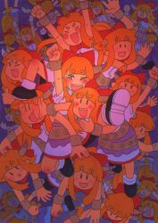  6+girls :d absurdres arms_up belt black_shoes blush bow bowtie brown_horns clenched_hand closed_eyes cuffs excited fangs floating foot_on_another's_head hair_bow hand_up highres horn_ornament horns ibuki_suika inuyama_konan knee_up long_hair low-tied_long_hair multiple_girls open_mouth orange_eyes orange_hair outstretched_arms purple_background purple_skirt pushing_away raised_fist red_bow shackles shirt shoes sideways_glance skirt sleeveless sleeveless_shirt smile socks spread_arms thick_eyebrows thumbs_up touhou upside-down upturned_eyes waving white_shirt white_socks 