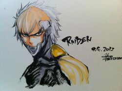  1boy character_name dated grey_hair helmet male mashima_hiro metal_gear metal_gear_solid portrait raiden signature sleeveless solo spiky_hair traditional_media 