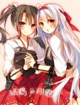  2girls :d black_hair brown_hair hair_ribbon highres interlocked_fingers japanese_clothes kantai_collection long_hair looking_at_viewer multiple_girls muneate open_mouth pleated_skirt ribbon shoukaku_(kantai_collection) silver_hair skirt smile toosaka_asagi twintails very_long_hair zuikaku_(kantai_collection) 