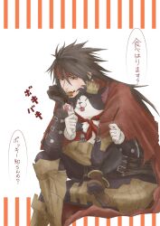  1boy armored_boots black_gloves black_hair boots cait_sith_(final_fantasy) cape cat cloak commentary_request crossed_legs crown elbow_rest fangs feet_out_of_frame final_fantasy final_fantasy_vii final_fantasy_vii_rebirth final_fantasy_vii_remake food food_in_mouth gauntlets gloves hair_between_eyes headband highres long_hair male_focus mini_crown msa_mne open_mouth pocky pocky_in_mouth red_cape red_cloak red_headband single_gauntlet sitting spiky_hair translation_request vincent_valentine white_gloves 