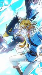  2boys 7vnv80u3y0gjhmr aqua_eyes bird_boy blonde_hair blue_tunic boots braid brown_boots earrings feet_out_of_frame hair_between_eyes hair_tie hashtag-only_commentary highres jewelry link male_focus monster_boy multiple_boys multiple_braids pants parted_lips pointy_ears ponytail revali rito short_ponytail sidelocks the_legend_of_zelda the_legend_of_zelda:_breath_of_the_wild tunic white_pants wings 