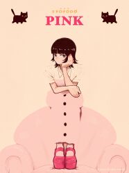  1girl black_cat black_eyes black_hair blunt_bangs cat chair closed_mouth collared_dress copyright_name dress english_text feet_on_chair fingernails full_body head_on_hand highres looking_at_viewer mary_janes on_chair original pink_dress pink_nails pink_shoes platform_shoes shoes short_hair short_sleeves simple_background solo straight-on syooooyoooo 
