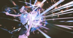  1girl absurdres aerial_fireworks arm_up bare_arms bare_legs black_shorts blood_on_flower blurry blurry_background chainsaw_man chinese_commentary collared_shirt colorful commentary cowboy_shot daisy_(flower) diffraction_spikes fireworks floating_hair flower from_side green_eyes hair_between_eyes highres kiousagi lens_flare looking_at_viewer looking_to_the_side neck_ribbon profile reze_(chainsaw_man) ribbon shirt shorts sideways_glance sleeveless sleeveless_shirt smile snapping_fingers solo updo violet_eyes white_flower white_shirt 