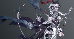  1boy alternate_costume animal_ears black_wings flower frills gem grey_background hair_between_eyes hair_ornament highres jewelry liulianjingrua long_sleeves looking_at_viewer male_focus open_mouth original red_eyes red_flower ribbon short_hair simple_background solo tassel too_many too_many_frills wings 