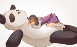  1girl brown_hair closed_eyes crying glasses highres kneehighs low_twintails lying on_stomach panda plaid_clothes plaid_skirt plaid_vest purple_skirt purple_vest school_uniform shirt shukinuko skirt socks solo stuffed_animal stuffed_panda stuffed_toy touhou twintails usami_sumireko vest white_background white_shirt white_socks 