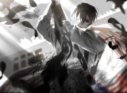  1boy artist_request belt bird black_eyes black_hair cowboy_shot crow crow's_eye_view_(e.g.o) dagger e.g.o_(project_moon) falling_feathers feathers from_below holding holding_dagger holding_knife holding_weapon imminent_attack knife light_rays limbus_company looking_at_viewer male_focus official_alternate_costume one_eye_closed paint_splatter pants pov project_moon shirt shirt_tucked_in short_hair sidelighting sleeves_rolled_up solo striped_cape weapon white_shirt yi_sang_(project_moon) 