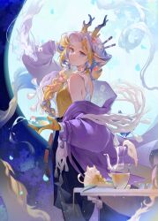  1girl arknights arm_up backlighting bare_shoulders black_pants blonde_hair blue_eyes blue_flower blue_hair braid choker closed_mouth coat colored_skin commentary cup dragon dragon_horns earrings flower food from_side full_moon gradient_hair grey_hair hair_flower hair_ornament highres holding holding_cup horns jewelry jug_(bottle) light_particles long_hair looking_at_viewer looking_to_the_side moon multicolored_hair off_shoulder official_alternate_hairstyle open_clothes open_coat pants pointy_ears purple_coat purple_flower red_flower shawl shirt shu_(arknights) shu_(spring_feast)_(arknights) single_braid smile solo symbol-only_commentary table tassel tong_bei_wangu_chen very_long_hair yellow_choker yellow_flower yellow_shirt yellow_skin 