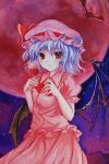  1girl acrylic_paint_(medium) ascot asymmetrical_wings bat bat_wings blue_hair cup expressionless full_moon hand_on_own_chest hat hat_ribbon kakuho looking_at_viewer mob_cap moon night night_sky oil_painting_(medium) red_eyes red_moon remilia_scarlet ribbon short_hair skirt skirt_set sky slit_pupils solo touhou traditional_media wine_glass wings 