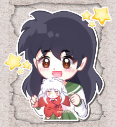  1boy 1girl :d animal_ears artist_name black_hair blush_stickers brown_eyes chibi dog_ears green_sailor_collar green_skirt hair_between_eyes highres higurashi_kagome holding holding_mini_person inuyasha inuyasha_(character) japanese_clothes jengxart kimono long_hair long_sleeves mini_person red_kimono sailor_collar school_uniform shirt skirt smile star_(symbol) white_hair white_shirt yellow_eyes 
