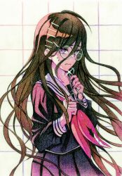  1girl absurdres ahoge brown_hair collared_shirt colored_pencil_(medium) commentary_request danganronpa_(series) danganronpa_another_episode:_ultra_despair_girls eyelashes fukawa_toko glasses glint grid_background hair_between_eyes hair_ornament hairclip highres holding holding_scissors long_hair long_sleeves mole mole_under_mouth neckerchief purple_serafuku purple_shirt purple_skirt red_neckerchief revision round_eyewear sailor_collar school_uniform scissors serafuku shirt skirt skirt_set solo sweat torn_clothes torn_neckerchief traditional_media user_hcgs5485 violet_eyes white_sailor_collar 