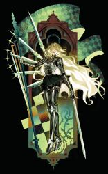  1girl arm_guards armor black_skirt blonde_hair border braid commentary contrapposto dual_wielding eclipse evie_(baoxiao) full_body glowing glowing_hair green_eyes highres holding holding_staff knight long_hair looking_at_viewer multiple_swords omniscient_reader's_viewpoint ornate_border parted_lips plant red_lips shoulder_armor skirt solar_eclipse solo staff symbol-only_commentary uriel_(omniscient_reader's_viewpoint) very_long_hair vines walking 