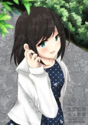  1girl :d adjusting_hair anchor_symbol belt black_belt black_hair blue_dress blush bush collarbone commentary_request dress from_above from_side fubuki_(kancolle) fubuki_(spring)_(kancolle) fubuki_kai_ni_(kancolle) green_eyes hair_down hand_up hood hood_down hooded_jacket jacket leaf long_sleeves looking_at_viewer official_alternate_hairstyle open_clothes open_jacket open_mouth outdoors oyu_(aoba_0054) polka_dot polka_dot_dress sidelocks sleeves_past_wrists smile solo stone_walkway white_jacket 