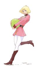  1girl blonde_hair blue_eyes dated full_body gundam haro highres long_sleeves looking_at_viewer military_uniform mobile_suit_gundam open_mouth pantyhose sayla_mass short_hair simple_background skirt smile solo tombiiwa white_background 