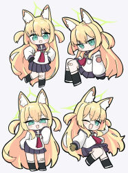  1girl ;d arm_behind_head arm_up bandaid bandaid_on_knee bandaid_on_leg black_gloves black_sailor_collar black_skirt black_socks blonde_hair blue_archive blush_stickers chibi closed_mouth fang gloves green_eyes grey_background hair_between_eyes halo kurumi_(blue_archive) long_hair long_sleeves miranofuudoria multiple_views one_eye_closed pleated_skirt puffy_long_sleeves puffy_sleeves sailor_collar shoes simple_background skirt sleeves_past_wrists smile socks standing standing_on_one_leg two_side_up very_long_hair white_shoes 