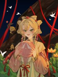  1girl ball bird blonde_hair braid bush chinese_clothes dark_background flower ginseng green_eyes hanfu highres holding holding_ball ichigo_(cute_berry460) looking_at_object lotus low_twin_braids official_alternate_costume pink_hanfu reverse:1999 shuangyaji solo sotheby sotheby_(the_red_thread_of_fate) tree twin_braids upper_body white_bird 