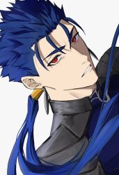  1boy armor blue_hair cu_chulainn_(fate) cu_chulainn_(lancer)_(fate) earrings fate/stay_night fate_(series) hair_tubes high_collar highres jewelry looking_at_viewer parted_lips pauldrons ponytail red_eyes shoulder_armor sideways slit_pupils solo spiky_hair teeth tuna_sss15 upper_body 