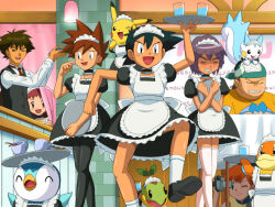  2girls 4boys =_= ^_^ alternate_costume angry ash_ketchum autumn_(pokemon) bandana black_hair brock_(pokemon) brown_hair buizel camcorder character_print choker closed_eyes clothed_pokemon crossdressing crossed_legs drink enmaided female_pervert gary_oak jewelry maid marina_(pokemon) misty_(pokemon) multiple_boys multiple_girls necklace one_eye_closed open_mouth orange_hair otaku pachirisu pantyhose paul_(pokemon) pervert piplup pokemoa pokemon pokemon_(anime) pokemon_(creature) pokemon_dppt_(anime) pokemon_rse_(anime) purple_hair sitting socks tears thigh-highs turtwig video_camera voyeurism 