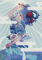  1girl blue_background blue_dress blue_hair blue_nails chisel closed_eyes commentary_request cowboy_shot dress egasumi fingernails flower hair_flower hair_ornament hair_rings hair_stick holding_chisel kaku_seiga open_clothes open_vest puffy_short_sleeves puffy_sleeves red_flower shinjitsu_no_kuchi short_hair short_sleeves solo touhou vest white_flower white_vest 