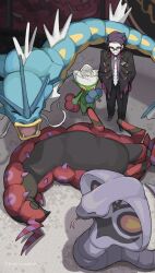  1boy absurdres arbok black-framed_eyewear black_hair black_jacket black_pants blue_flower blue_rose bug centipede closed_eyes closed_mouth cobra_(animal) collared_shirt colored_skin corbeau_(pokemon) eyewear_strap flower forked_tongue glasses green_skin gyarados hand_fan hands_in_pockets highres horns jacket long_sleeves lying mega_stone minao_omina necktie on_back open_clothes open_jacket open_mouth pants parted_hair pokemon pokemon_(creature) pokemon_legends:_z-a purple_hair purple_shirt red_eyes red_flower red_rose rose roserade round_eyewear scolipede shirt short_hair short_sideburns smile snake tongue tongue_out undercut white_necktie yellow_eyes 