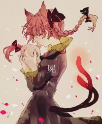 1girl animal_ears black_bow black_dress bow braid cat_ears cat_girl cat_tail closed_eyes closed_mouth commentary_request cowboy_shot dress frilled_sleeves frills grey_background hair_bow holding holding_skull juliet_sleeves kaenbyou_rin long_hair long_sleeves multiple_tails one-hour_drawing_challenge profile puffy_sleeves red_hair shinjitsu_no_kuchi skull smile solo tail touhou twin_braids twintails two_tails