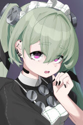  1girl absurdres aji_gohan apron black_dress black_nails blush commentary_request corin_wickes dress ear_piercing green_hair hair_between_eyes highres long_hair looking_at_viewer maid maid_apron maid_headdress open_mouth piercing puffy_short_sleeves puffy_sleeves screw_hair_ornament short_sleeves simple_background solo twintails violet_eyes white_apron zenless_zone_zero 