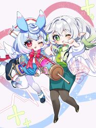  2girls ;) ;d absurdres alternate_costume animal_ears black_pantyhose black_shoes blue_hair blue_shoes blue_skirt blush bow bowtie closed_mouth commentary_request cross-shaped_pupils finger_frame full_body genshin_impact gradient_hair green_eyes green_hair green_necktie hair_between_eyes hair_ornament hat highres holding holding_syringe lab_coat long_hair looking_at_viewer melusine_(genshin_impact) multicolored_hair multiple_girls nahida_(genshin_impact) necktie nurse_cap oishii_sasa one_eye_closed open_mouth oversized_object pantyhose pointy_ears pom_pom_(clothes) pom_pom_hair_ornament red_bow red_bowtie red_eyes shirt shoes side_ponytail sigewinne_(genshin_impact) skirt smile stethoscope_around_neck symbol-shaped_pupils syringe thigh-highs watermark white_hair white_shirt white_thighhighs 