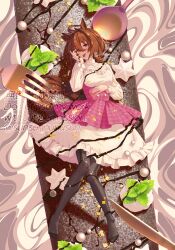  1girl agnes_tachyon_(umamusume) ahoge black_pantyhose black_shoes breasts brown_hair cake chocolate_on_clothes chocolate_on_hand commentary_request cream dress food food_on_hand fork hair_between_eyes hand_on_own_stomach high_heels licking licking_hand long_sleeves medium_breasts mint oversized_food oversized_object pantyhose pink_dress red_eyes shoes short_hair solo sunsunnunusun umamusume watermark white_dress 