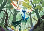  absurdres antlers blue_eyes forest glowing highres leaf nature no_humans official_art oomura_yuusuke pokemon pokemon_(creature) pokemon_(game) pokemon_xy solo sun symbol-shaped_pupils tail tree xerneas 