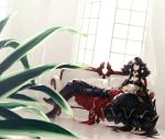  1boy 1girl assassin_of_red black_hair cape couch detached_sleeves fate/apocrypha fate_(series) highres kagami_ei kotomine_shirou lap_pillow long_hair plant pointy_ears very_long_hair white_hair 