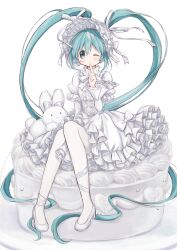  1girl absurdres aqua_eyes aqua_hair bonnet bow bowtie cake collared_dress commentary_request corset dress finger_to_mouth food frilled_bonnet frilled_dress frills full_body hair_ribbon hatsune_miku highres hitode leg_ribbon lolita_fashion long_hair long_sleeves one_eye_closed oversized_food oversized_object pantyhose plate puffy_long_sleeves puffy_sleeves ribbon shoes sitting_on_food smile solo stuffed_animal stuffed_rabbit stuffed_toy twintails very_long_hair vocaloid white_background white_bonnet white_bow white_bowtie white_corset white_dress white_pantyhose white_ribbon white_shoes white_theme 