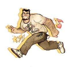  1boy animal_ears arm_hair bandaid bandaid_on_face bandaid_on_nose bear_boy bear_ears beard black_hair blush brown_pants charm_(object) chinstrap_beard closed_eyes english_commentary facial_hair grey_socks grgxrt grin highres male_focus original pants pink_trim print_shirt running shirt shoes short_hair simple_background smile socks solo spiked_shoes spikes t-shirt thick_eyebrows v very_short_hair white_background white_shirt white_shoes 