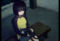  1girl absurdres animal animal_on_lap bench black_border black_cat black_hair black_shirt blue_skirt blunt_ends bob_cut border breasts brown_eyes cat cat_on_lap commentary denim denim_skirt english_commentary film_grain from_above hair_between_eyes highres holding holding_animal holding_cat long_sleeves looking_down nakahara_misaki nhk_ni_youkoso! night on_bench on_lap outdoors park park_bench petting pillarboxed raglan_sleeves sanketsu_(user_zxmp2323) shirt short_hair sitting skirt small_breasts solo two-tone_shirt yellow_shirt 