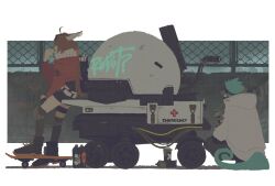  1boy 2girls aciddrop_(arknights) ahoge animal_ears arknights bird_ears black_shoes black_shorts black_socks blue_hair border bottle brown_hair chain-link_fence commentary dark-skinned_male dark_skin english_text ethan_(arknights) facing_away fence hand_up haruta_(hrtco) hood hoodie kneehighs lancet-2_(arknights) lizard_tail looking_to_the_side multiple_girls outdoors robot scarf shoes short_hair shorts skateboard socks spray_can tail thigh_strap white_border white_hoodie white_scarf 