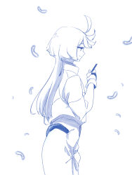  1girl absurdres ahoge closed_mouth commentary_request falling_feathers feathers greyscale gundam gundam_suisei_no_majo highres holding kusakayosituki1 long_hair miorine_rembran monochrome profile smile solo spacesuit 