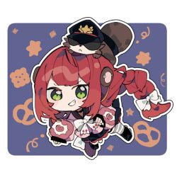  1girl animal_on_head black_hat black_sailor_collar blue_background border braid braided_twintails byako_(srktn) cardigan chest_bow chibi chibi_only commentary_request food full_body green_eyes grin hair_ornament hair_ribbon hat hearing_aid highres kamanosuke_(zenless_zone_zero) long_hair looking_at_viewer on_head outline pastry pink_cardigan raccoon red_hair ribbon sailor_collar smile sphere_hair_ornament striped_clothes striped_thighhighs tanuki thigh-highs ukinami_yuzuha v-shaped_eyebrows white_border white_outline white_ribbon zenless_zone_zero 