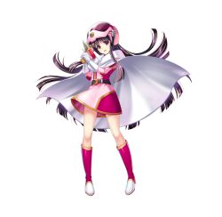  1girl assault_visor bad_link boots cape energy_gun full_body gloves helmet highres houraisan_kaguya houraisan_kaguya_(love_temple_of_benevolence_and_conscience) long_hair looking_at_viewer pink_helmet ray_gun rotte_(1109) simple_background solo touhou touhou_lostword violet_eyes weapon white_background white_cape white_gloves 