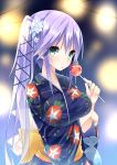  1girl candy_apple green_eyes highres japanese_clothes kazu_kakao kimono long_hair original purple_hair side_ponytail 
