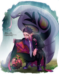  1boy arbok black-framed_eyewear black_hair black_jacket black_pants bug centipede closed_eyes closed_mouth coat cobra_(animal) collared_shirt commentary_request corbeau_(pokemon) eyewear_strap forked_tongue glasses highres jacket long_sleeves mega_stone mitsuha_(bless_blessing) necktie open_clothes open_jacket pants parted_hair pokemon pokemon_(creature) pokemon_legends:_z-a purple_hair purple_shirt rain round_eyewear shirt short_hair short_sideburns smile snake squatting tongue tongue_out undercut venipede wet white_necktie yellow_eyes 