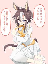  1girl ahoge animal_ears azusa_(azusa0325) blue_eyes blush bow brown_hair dream_journey_(snow-white_dreamland)_(umamusume) dream_journey_(umamusume) dress eyewear_strap glasses hair_between_eyes hair_bun highres horse_ears horse_girl horse_tail long_hair long_sleeves looking_at_viewer multicolored_hair official_alternate_costume orange_bow orange_ribbon parted_lips ribbon shoes smile solo tail umamusume white_dress white_hair 